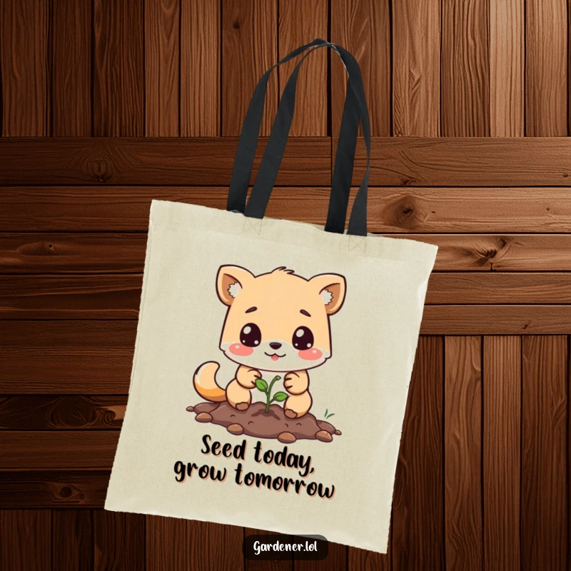 Funny tote bag with a determined animal character planting a tiny seed, ideal for carrying groceries or gardening supplies.