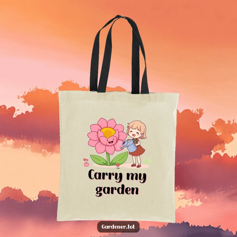 Funny tote bag featuring a character joyfully watering a giant, smiling flower, perfect for stylish and humorous carrying.