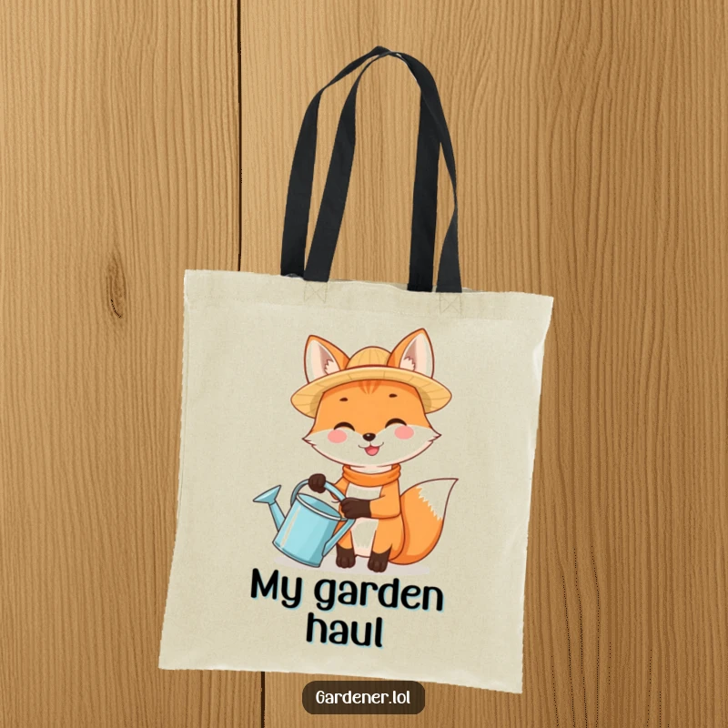 Funny fox with a straw hat and watering can, printed on a durable and funny tote bag.