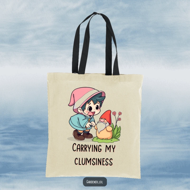 Funny tote bag illustrating a character comically tripping over a garden gnome, looking startled. A humorous and practical funny gift.