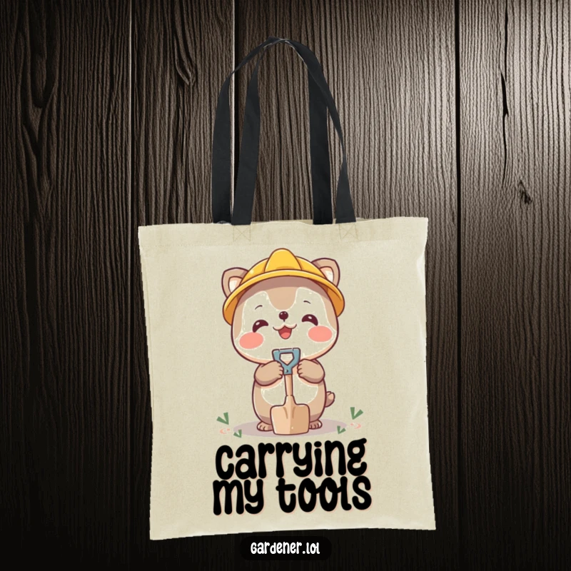 Funny tote bag with a happy character balancing a tiny shovel on its nose, a delightful balancing act.