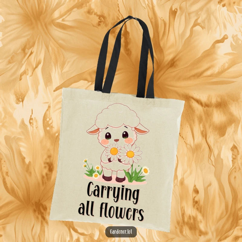 Funny Kawaii sheep gardener tote bag showing a cheerful sheep smelling a large daisy, practical and humorous.