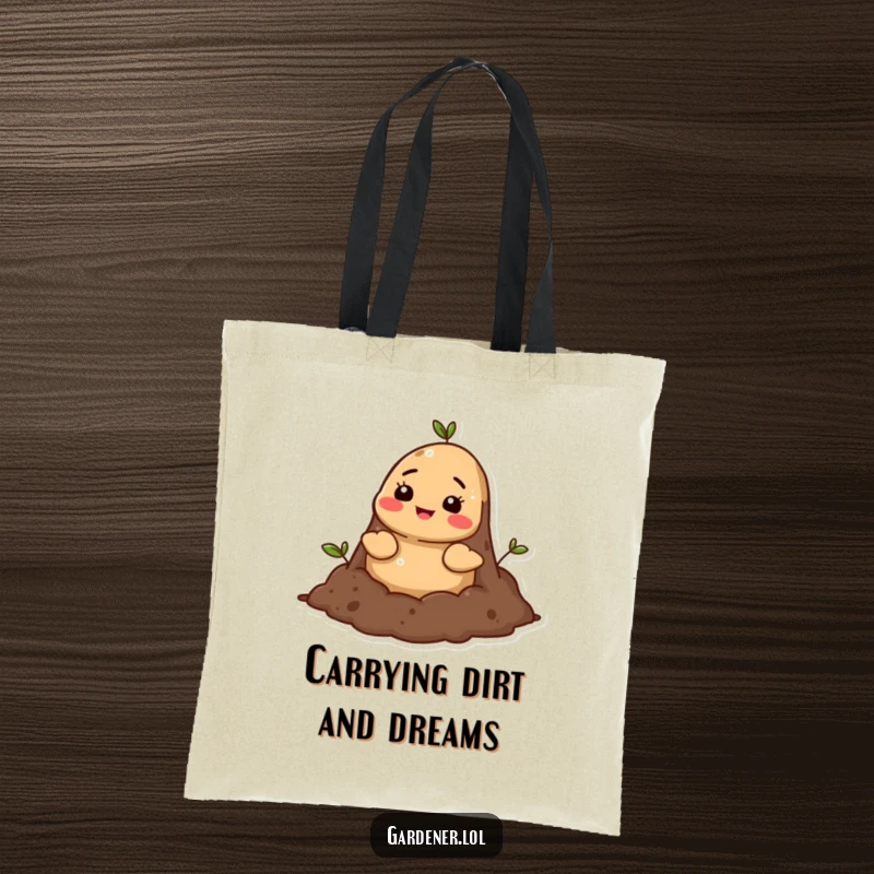 Funny mole soil tote bag, a cheerful cartoon mole character popping its head out of rich soil, looking friendly and ready for adventure.