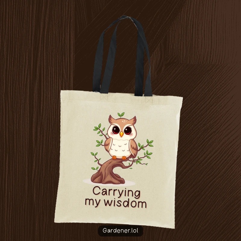 Funny owl character focused on pruning a bonsai tree, printed on a functional tote bag.