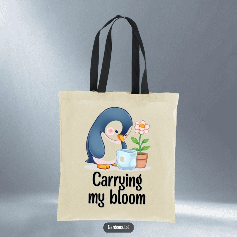 Funny penguin character carefully tending an ice flower, designed on a reusable tote bag.