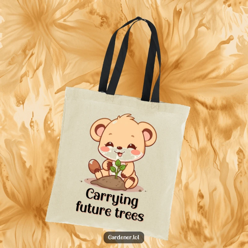 Funny Tote Bag: A determined-looking animal character joyfully plants a tiny seedling, symbolizing growth and care.