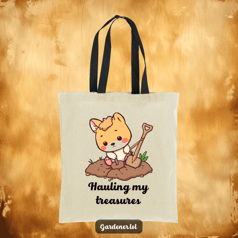 Funny playful animal digging in dirt with a tiny shovel, durable canvas tote bag, cute gardening accessory.