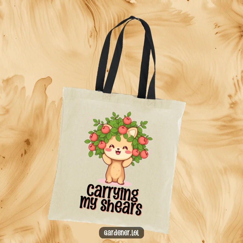 Funny tote bag with a cheerful animal character pruning a small, friendly bush, ideal for carrying essentials with a gardening theme.