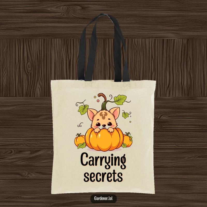Funny tote bag depicting a mischievous animal character hiding behind a large pumpkin, ideal for carrying essentials with Halloween humor.