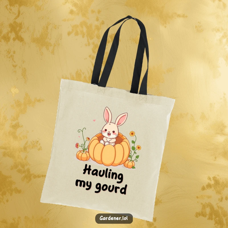 Funny Tote Bag: A bright-eyed rabbit gardener hops with pure joy into an oversized, festive pumpkin.