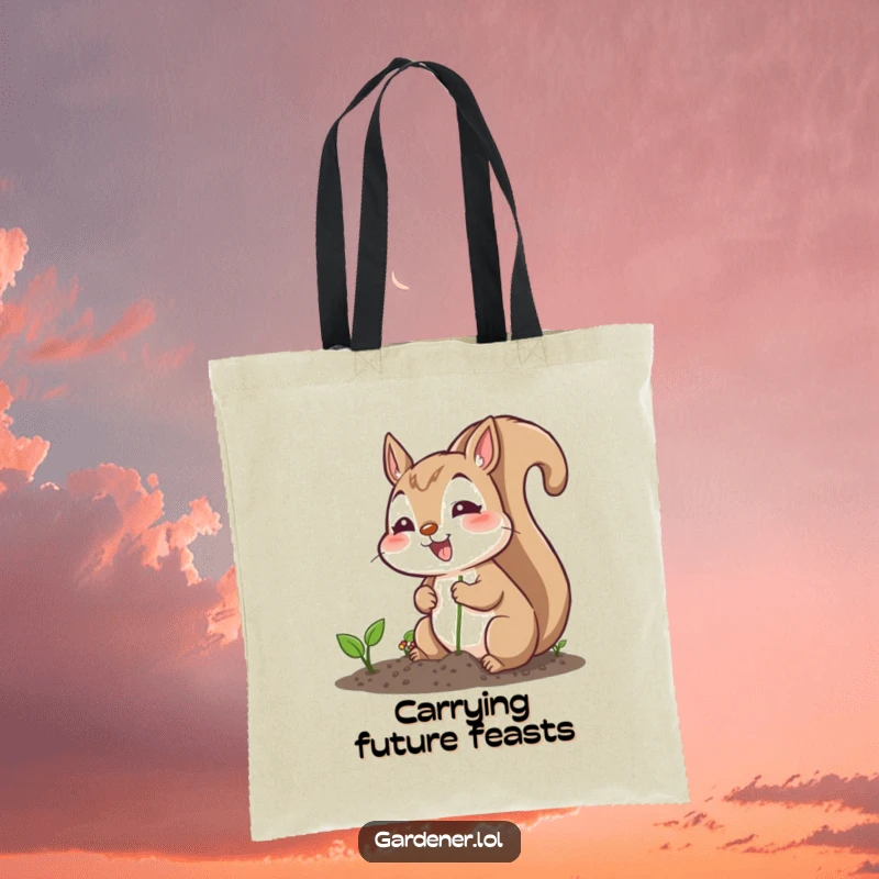 Funny tote bag depicting an excited squirrel character planting seeds cheerfully, great for shopping with a touch of garden humor.
