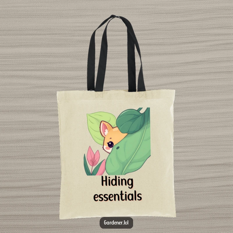 Funny tote bag showing a cute animal character playfully peeking from behind a large, lush leaf, a charming scene of hide-and-seek.