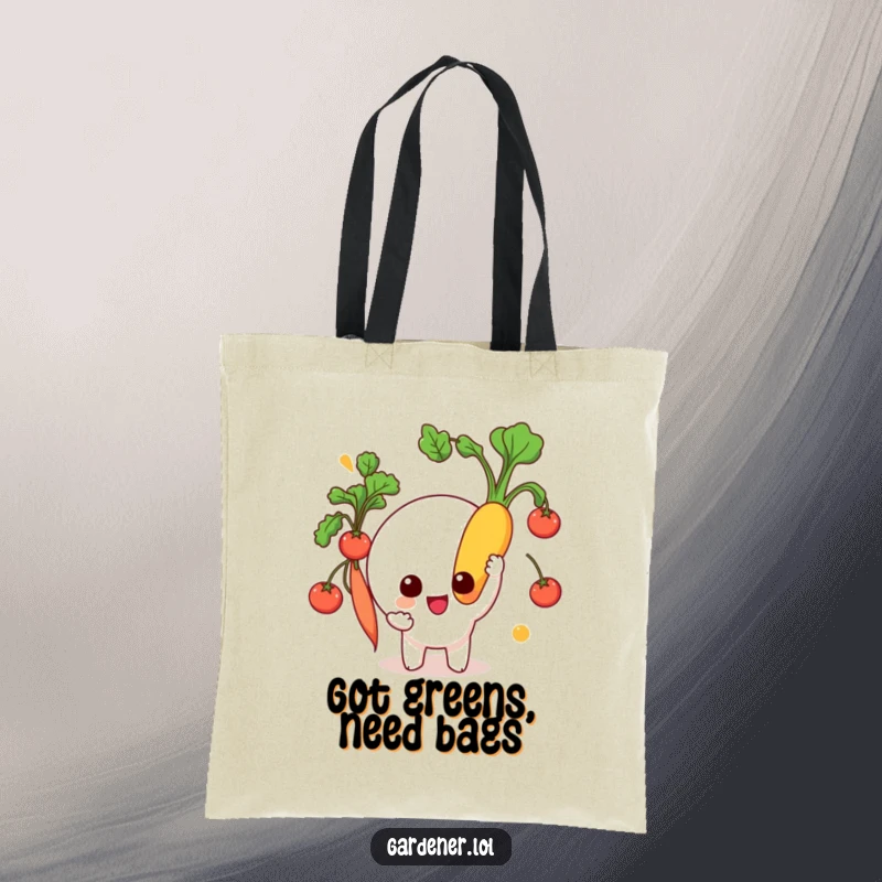 Funny Tote Bag: A character joyfully holds a vibrant, freshly picked vegetable, perfect for carrying market finds and garden goodies.