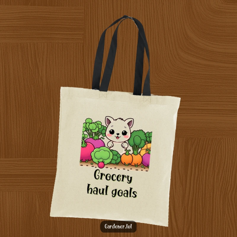 Funny tote bag with a happy animal character tending giant vegetables, perfect for carrying produce and smiles.