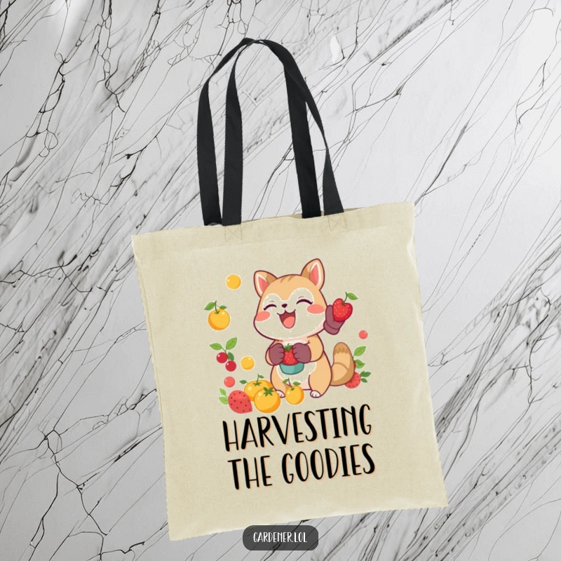 Funny joyful animal catching falling fruit with gardening gloves, durable canvas tote bag, cute harvest accessory.