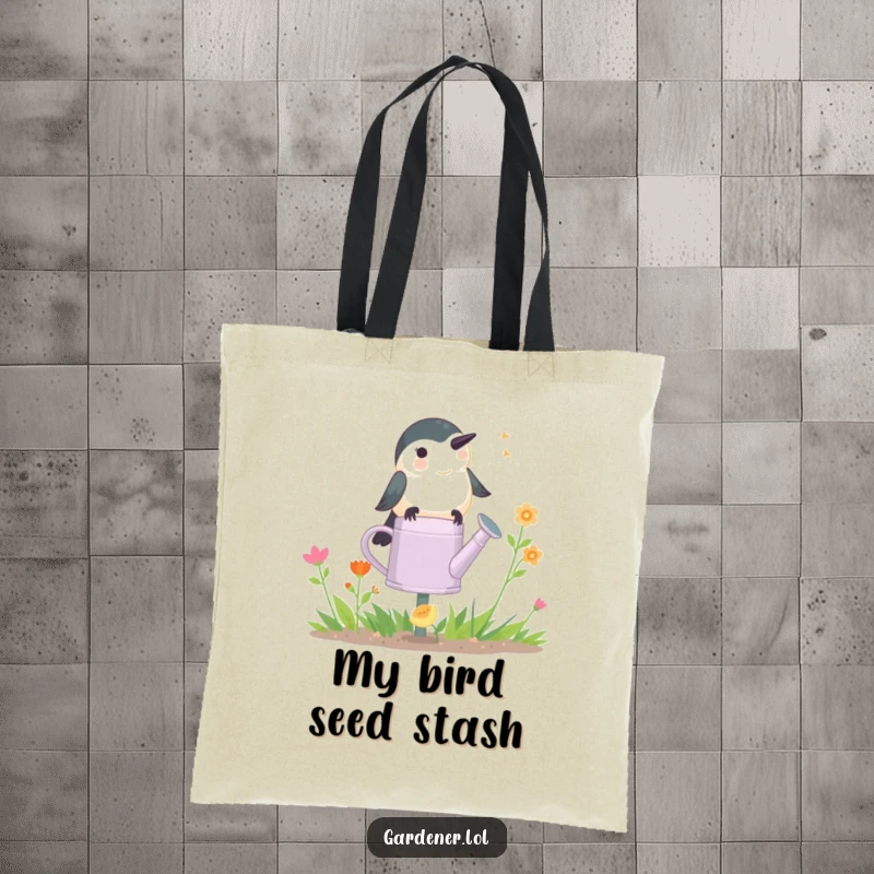 Funny Chickadee Gardener Tote Bag: A happy chickadee chirps on a watering can, ready to carry your items with a song.