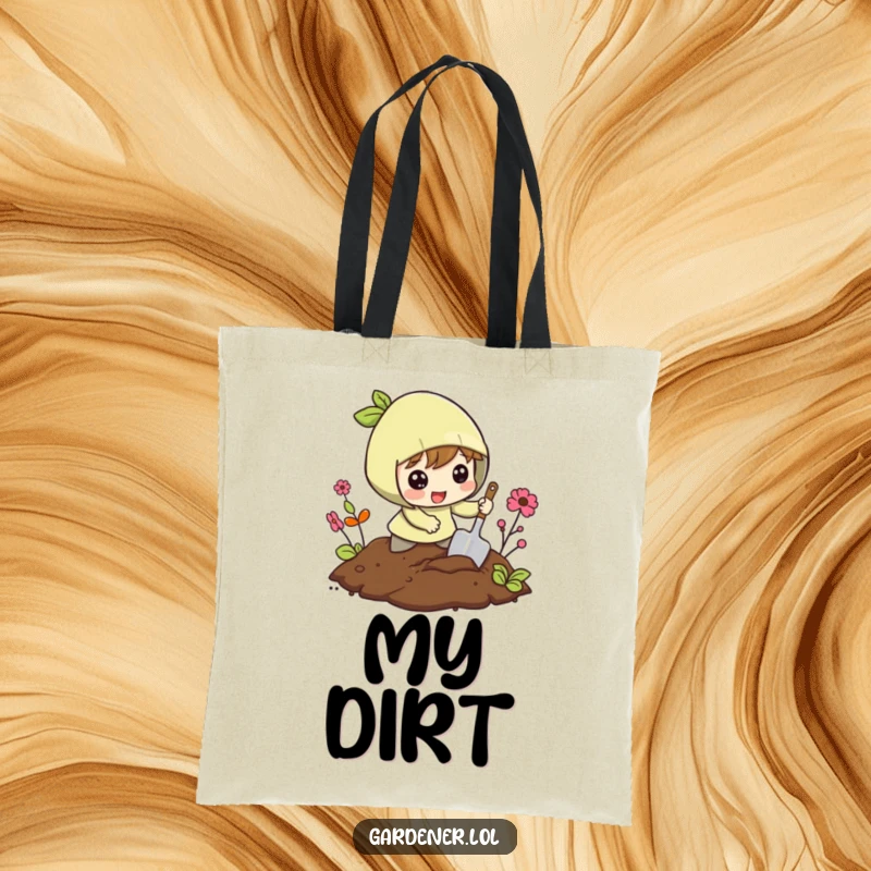 Funny tote bag featuring a character excitedly digging in the soil with a small shovel, perfect for carrying gardening essentials.