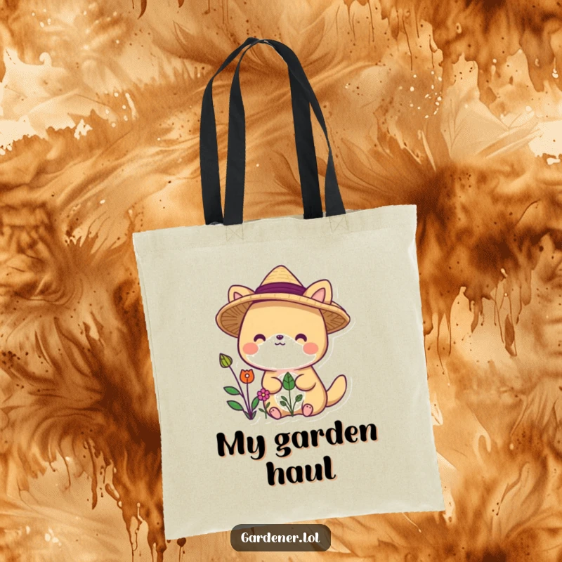 Funny animal character tote bag wearing straw hat, delighted by plants, showcasing garden humor.
