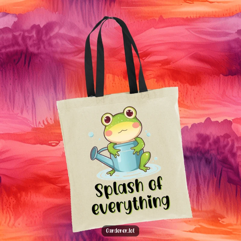 Funny frog watering can tote bag, a playful cartoon frog character splashing happily in a watering can, bringing a sense of wet, whimsical fun.